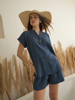 Blue Color V-Neck Pure Cotton Solid Co-ords Set for Women - SanskrutiHomes 