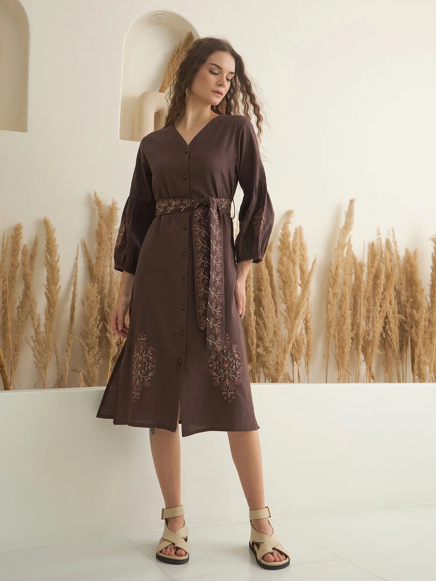 Brown Printed V-Neck Dress with Belt for Women - SanskrutiHomes 