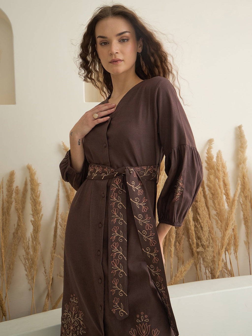 Brown Printed V-Neck Dress with Belt for Women - SanskrutiHomes 