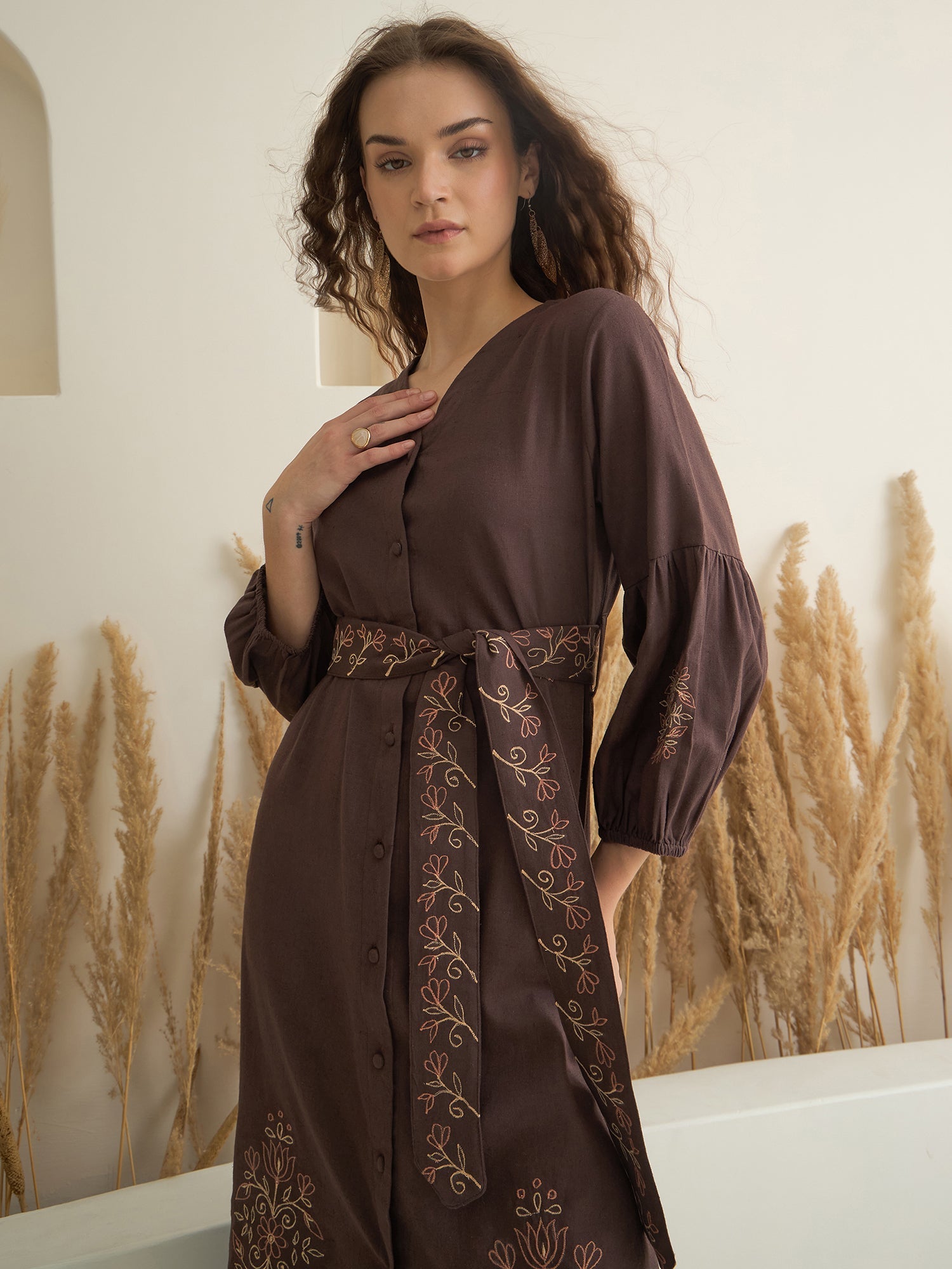 Brown Printed V-Neck Dress with Belt for Women - SanskrutiHomes 