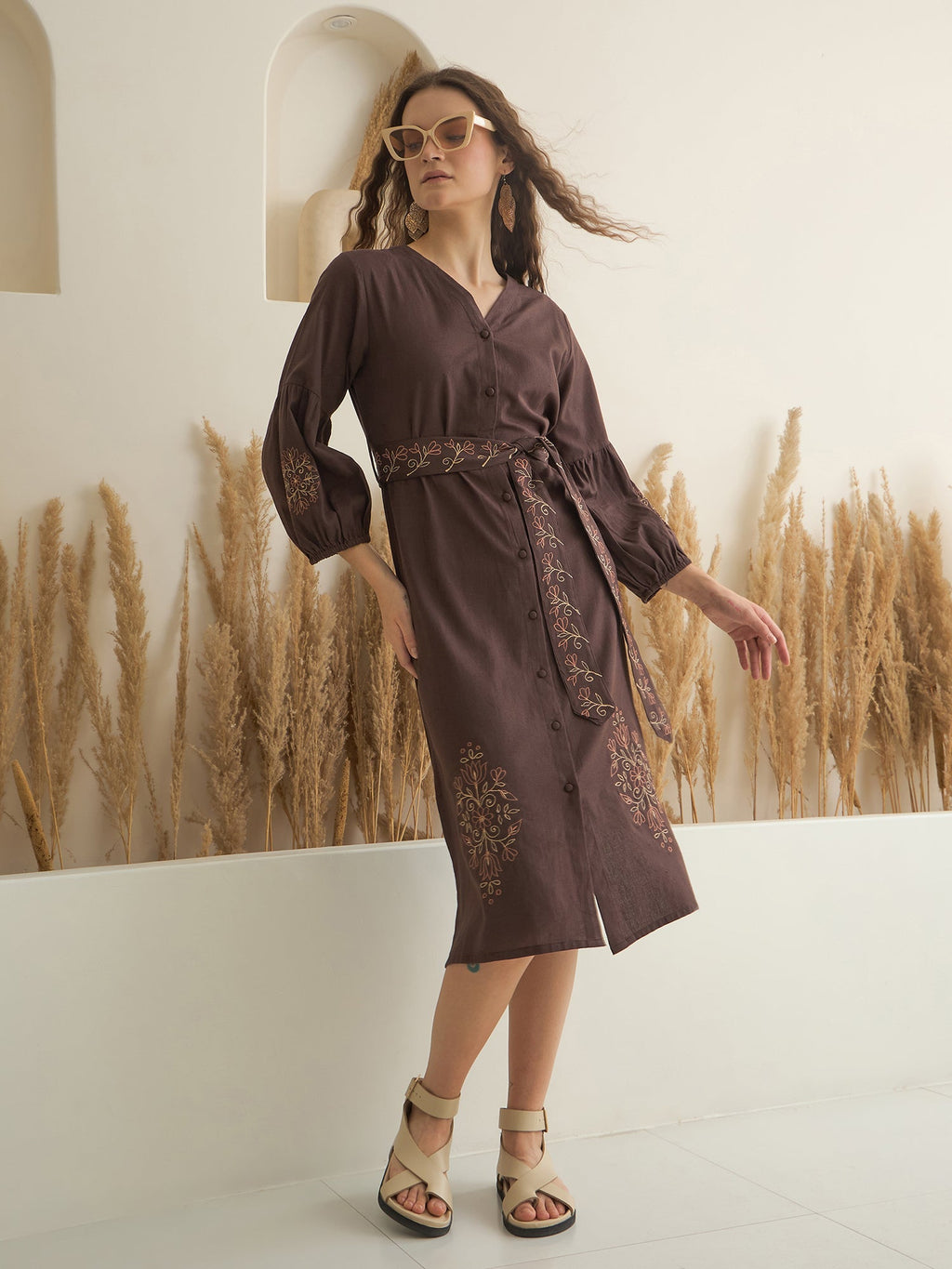 Brown Printed V-Neck Dress with Belt for Women - SanskrutiHomes 