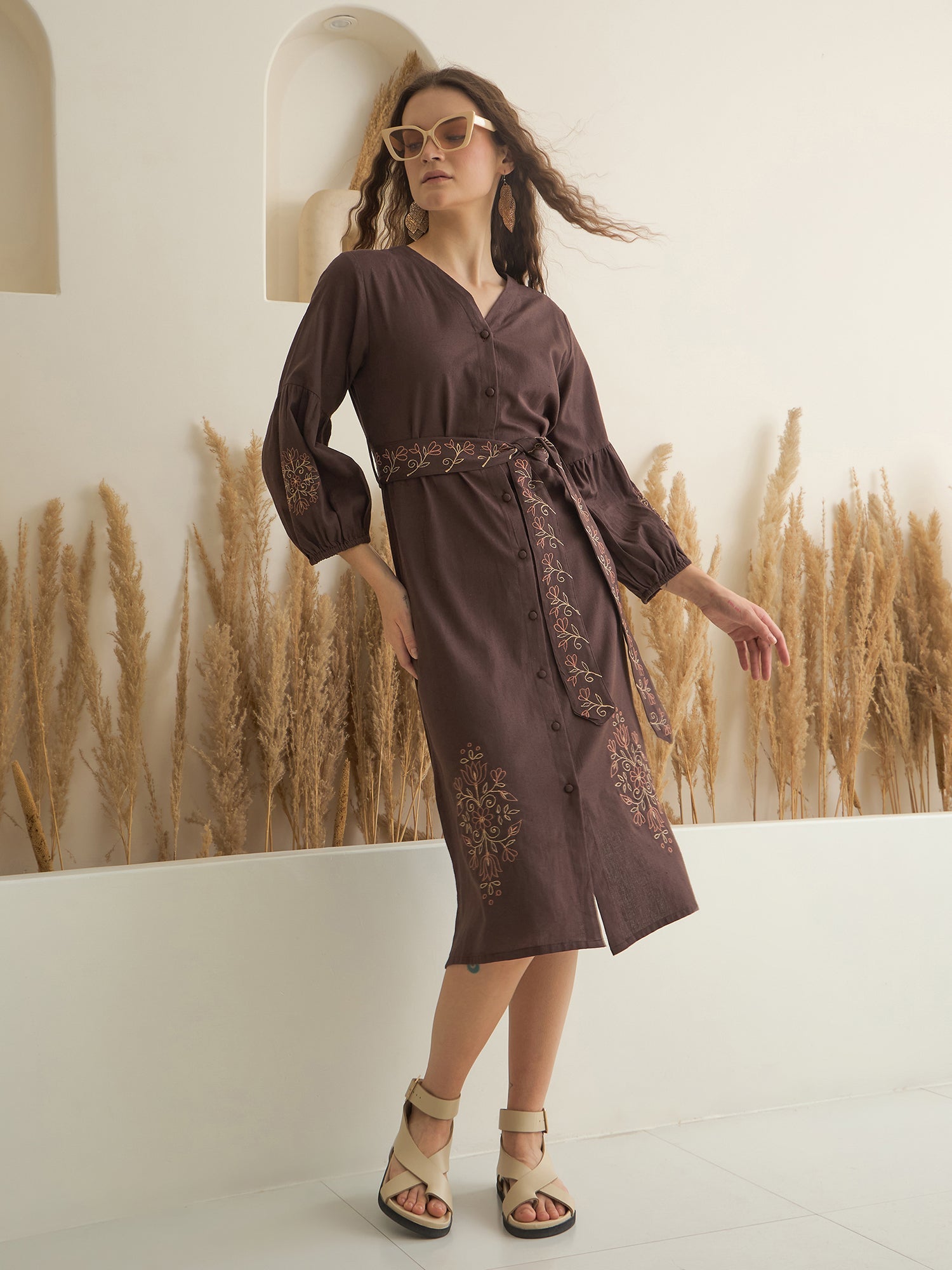 Brown Printed V-Neck Dress with Belt for Women - SanskrutiHomes 