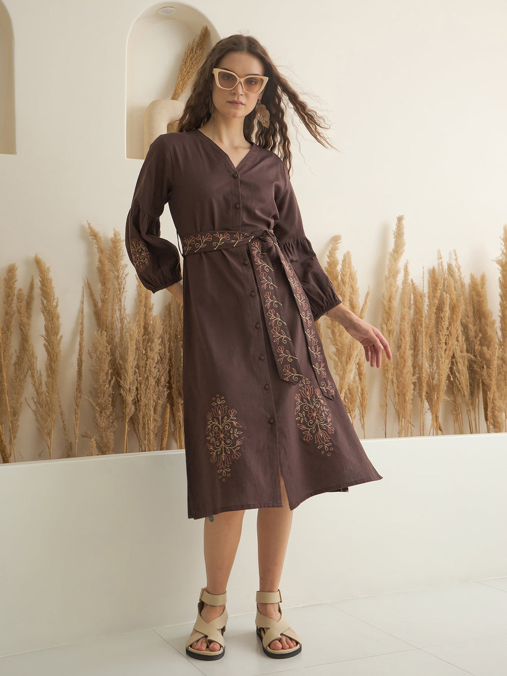 Brown Printed V-Neck Dress with Belt for Women - SanskrutiHomes 