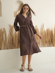 Brown Printed V-Neck Dress with Belt for Women - SanskrutiHomes 