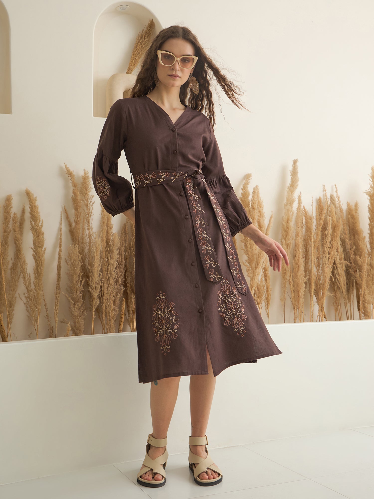 Brown Printed V-Neck Dress with Belt for Women - SanskrutiHomes 