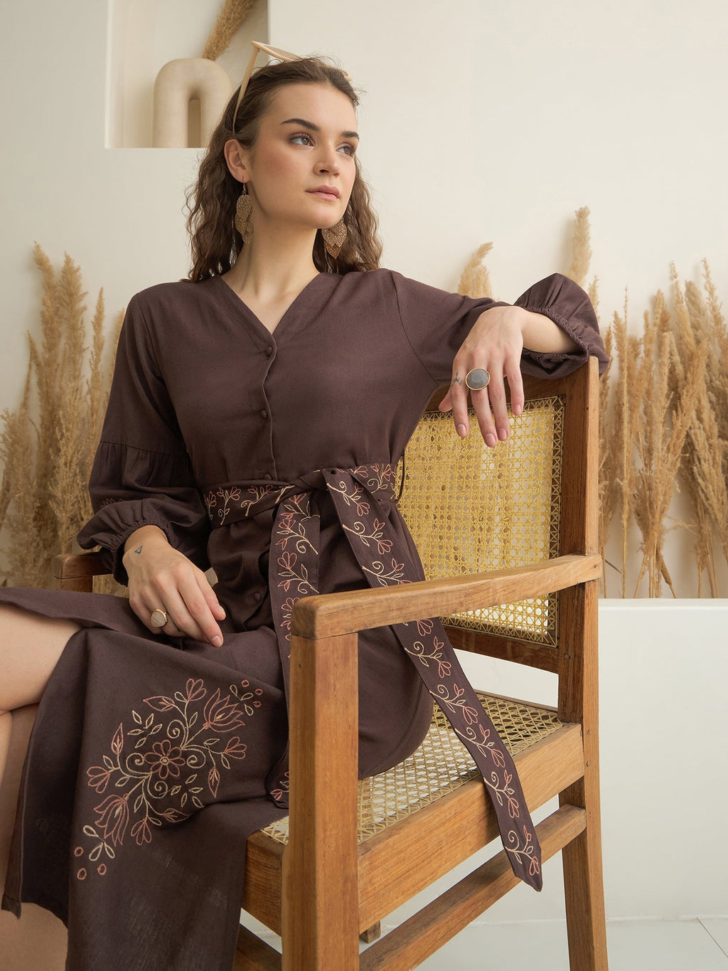 Brown Printed V-Neck Dress with Belt for Women - SanskrutiHomes 