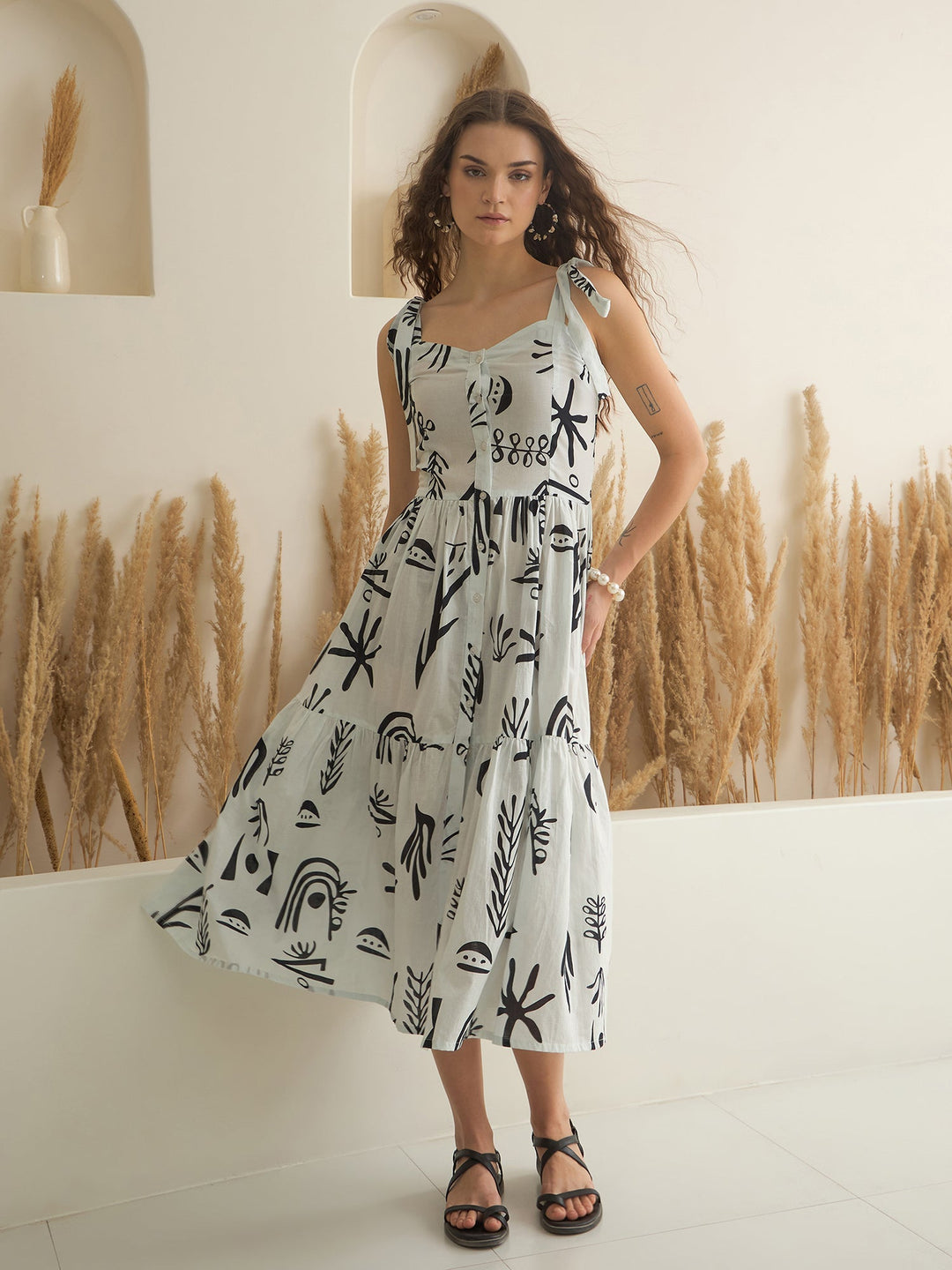 White Color Cotton A-Line Printed Dress for Women - SanskrutiHomes 