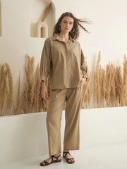 Beige Color Shirt Collar Pure Cotton Solid Co-ords Set for Women - SanskrutiHomes 