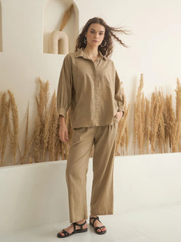 Beige Color Shirt Collar Pure Cotton Solid Co-ords Set for Women - SanskrutiHomes 