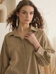 Beige Color Shirt Collar Pure Cotton Solid Co-ords Set for Women - SanskrutiHomes 