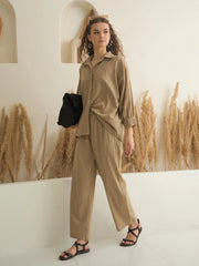 Beige Color Shirt Collar Pure Cotton Solid Co-ords Set for Women - SanskrutiHomes 