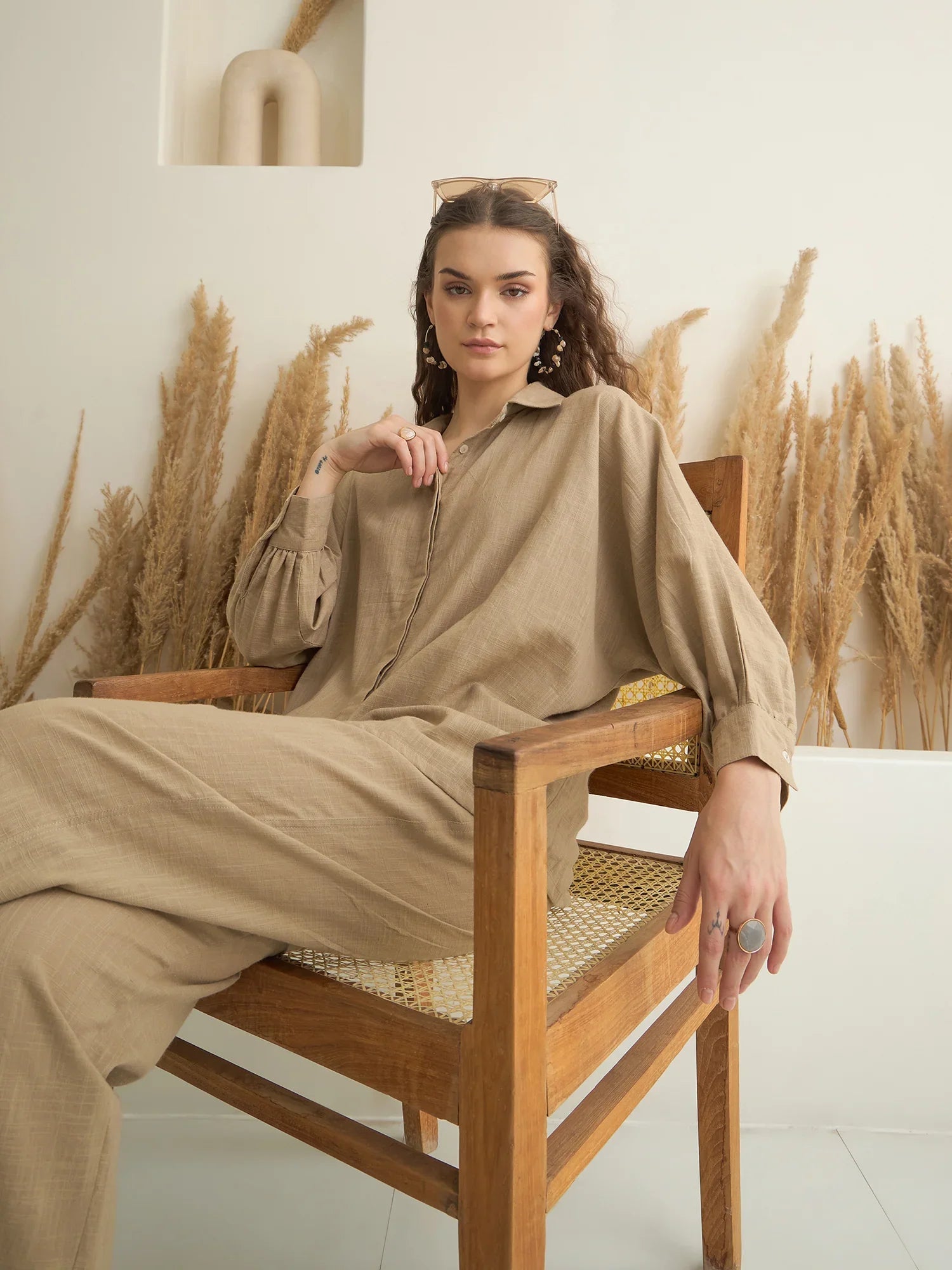 Beige Color Shirt Collar Pure Cotton Solid Co-ords Set for Women - SanskrutiHomes 