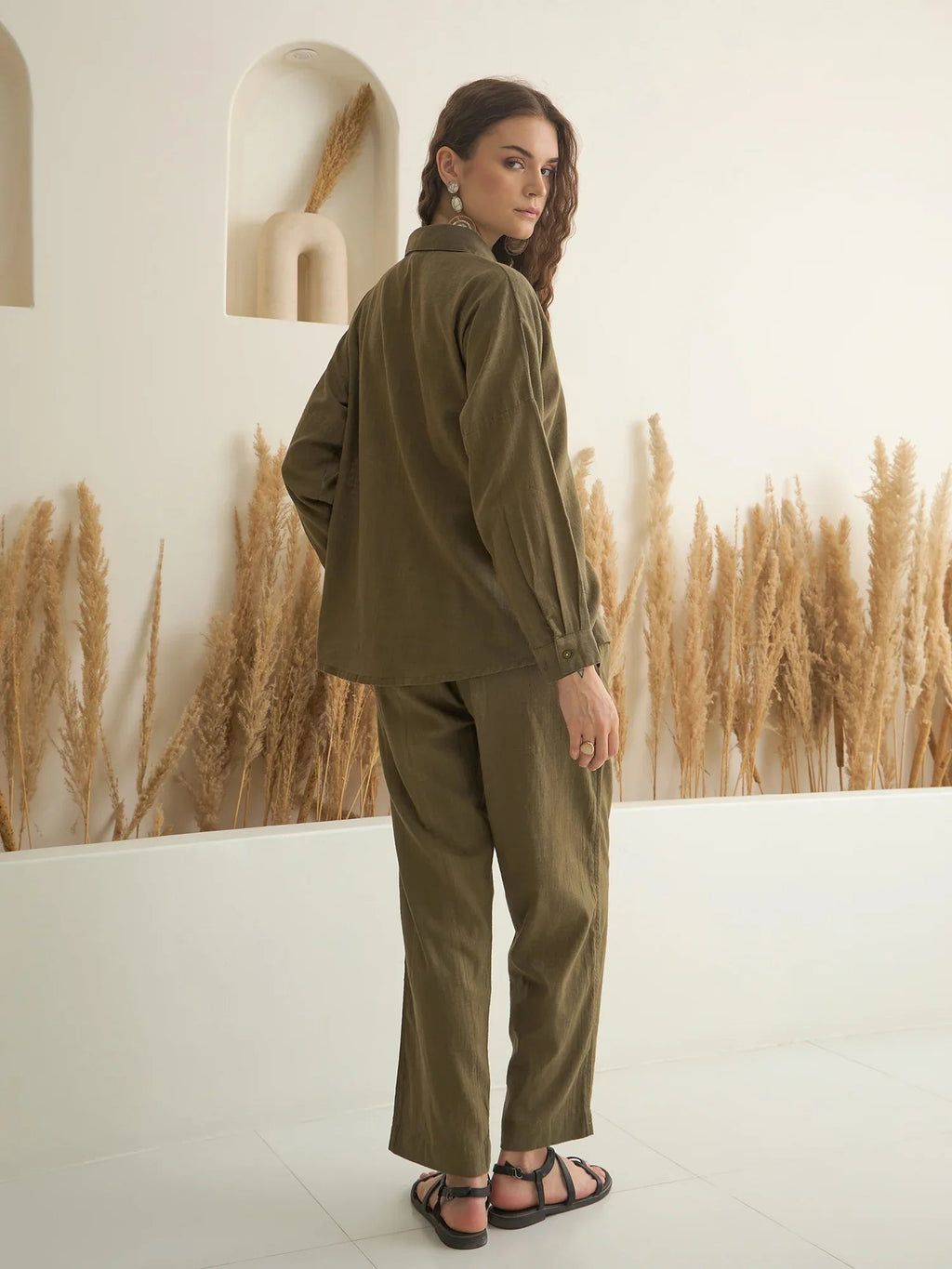 Olive Shirt Collar Pure Cotton Co-ords Set for Women - SanskrutiHomes 