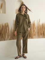 Olive Shirt Collar Pure Cotton Co-ords Set for Women - SanskrutiHomes 