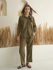 Olive Shirt Collar Pure Cotton Co-ords Set for Women - SanskrutiHomes 