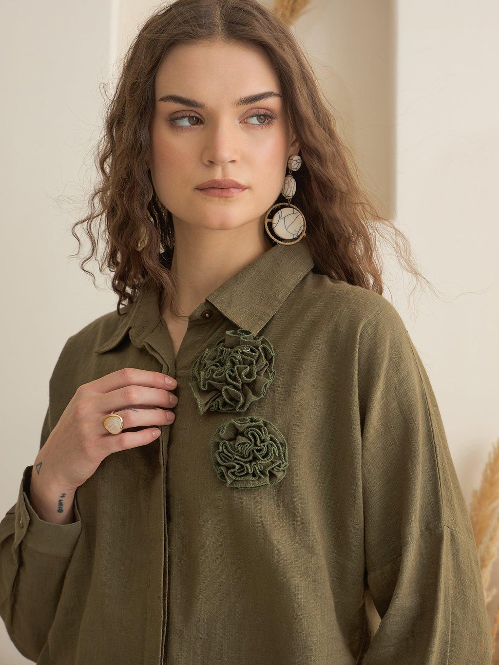 Olive Shirt Collar Pure Cotton Co-ords Set for Women - SanskrutiHomes 