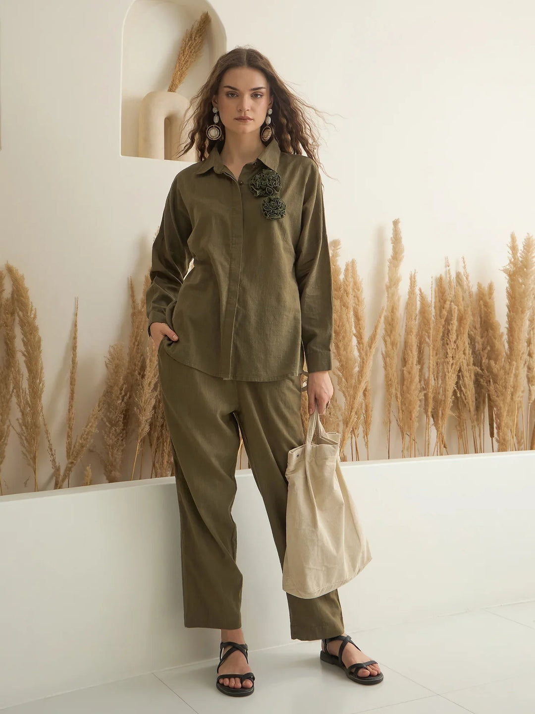 Olive Shirt Collar Pure Cotton Co-ords Set for Women - SanskrutiHomes 