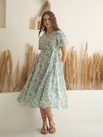 Blue Color Cotton A-Line Printed Dress for Women - SanskrutiHomes 
