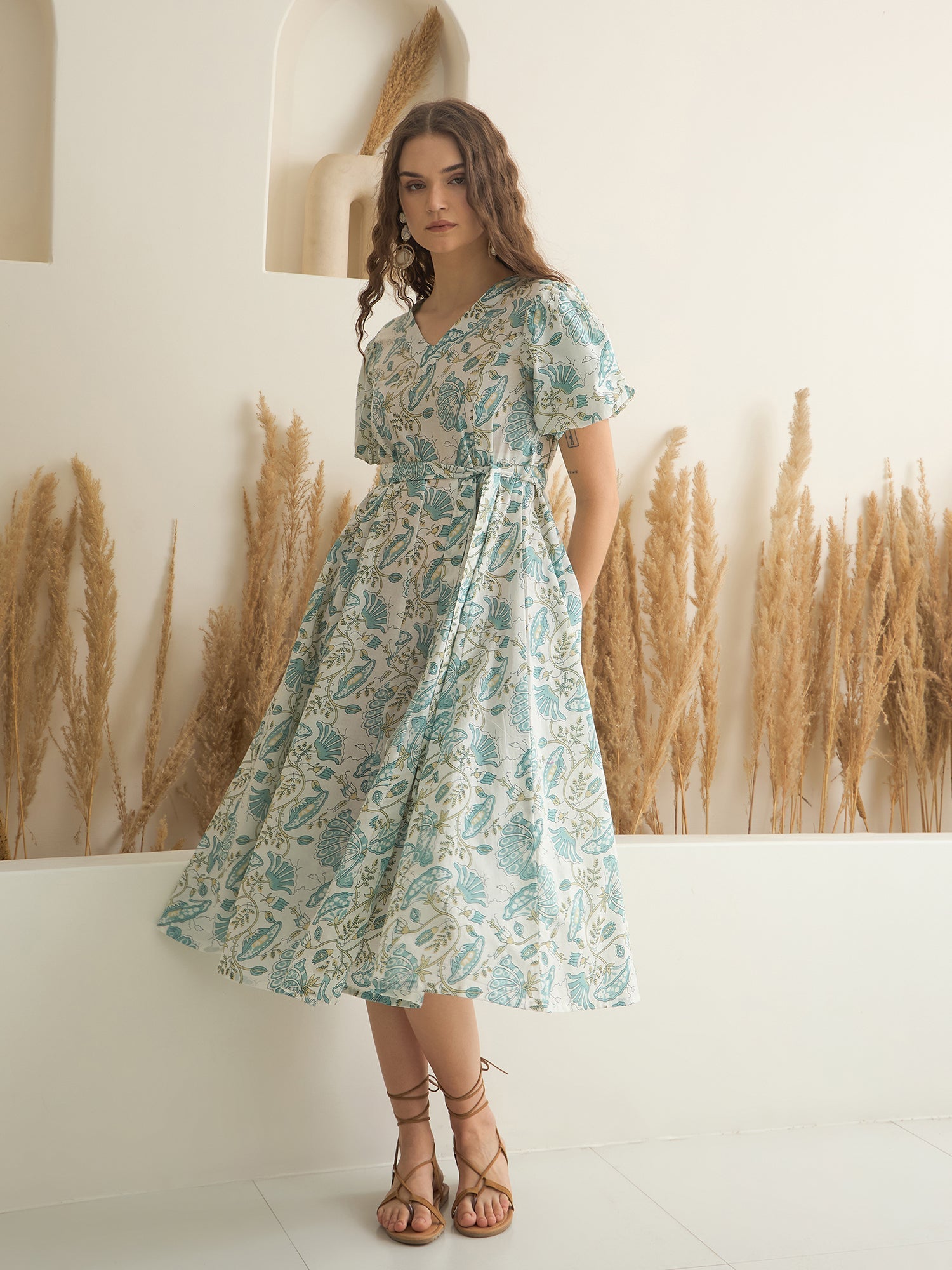 Blue Color Cotton A-Line Printed Dress for Women - SanskrutiHomes 