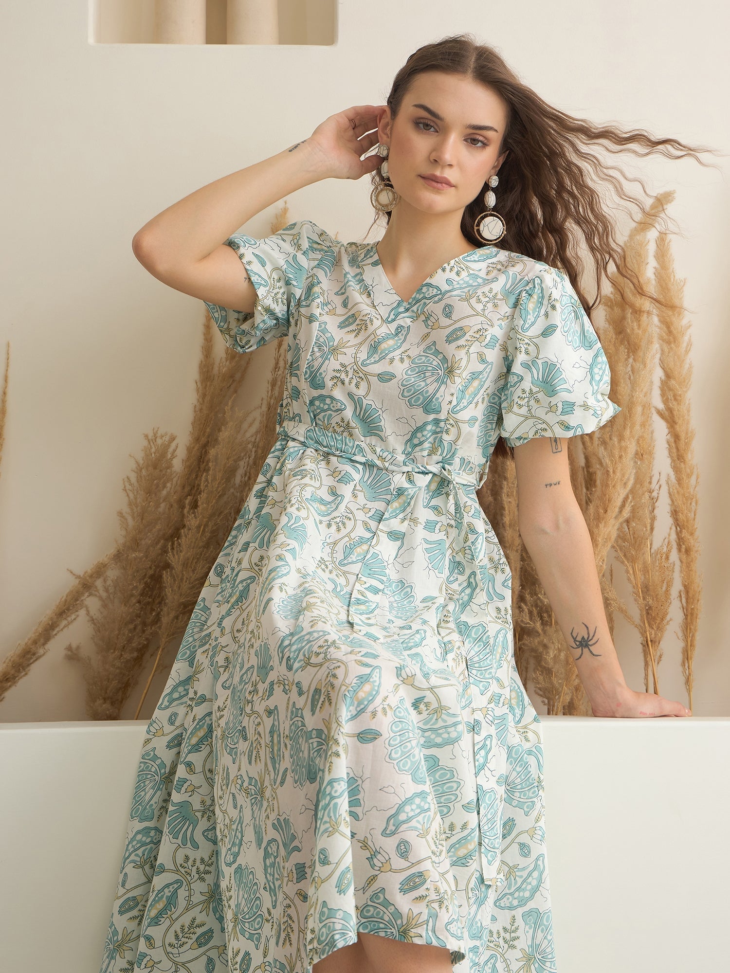 Blue Color Cotton A-Line Printed Dress for Women - SanskrutiHomes 