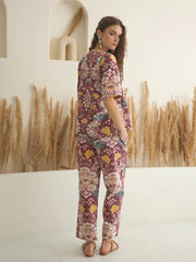 Rust Color V-Neck Pure Cotton Printed Co-ords Set for Women - SanskrutiHomes 