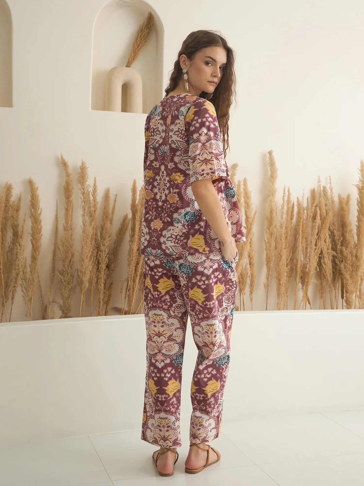 Rust Color V-Neck Pure Cotton Printed Co-ords Set for Women - SanskrutiHomes 