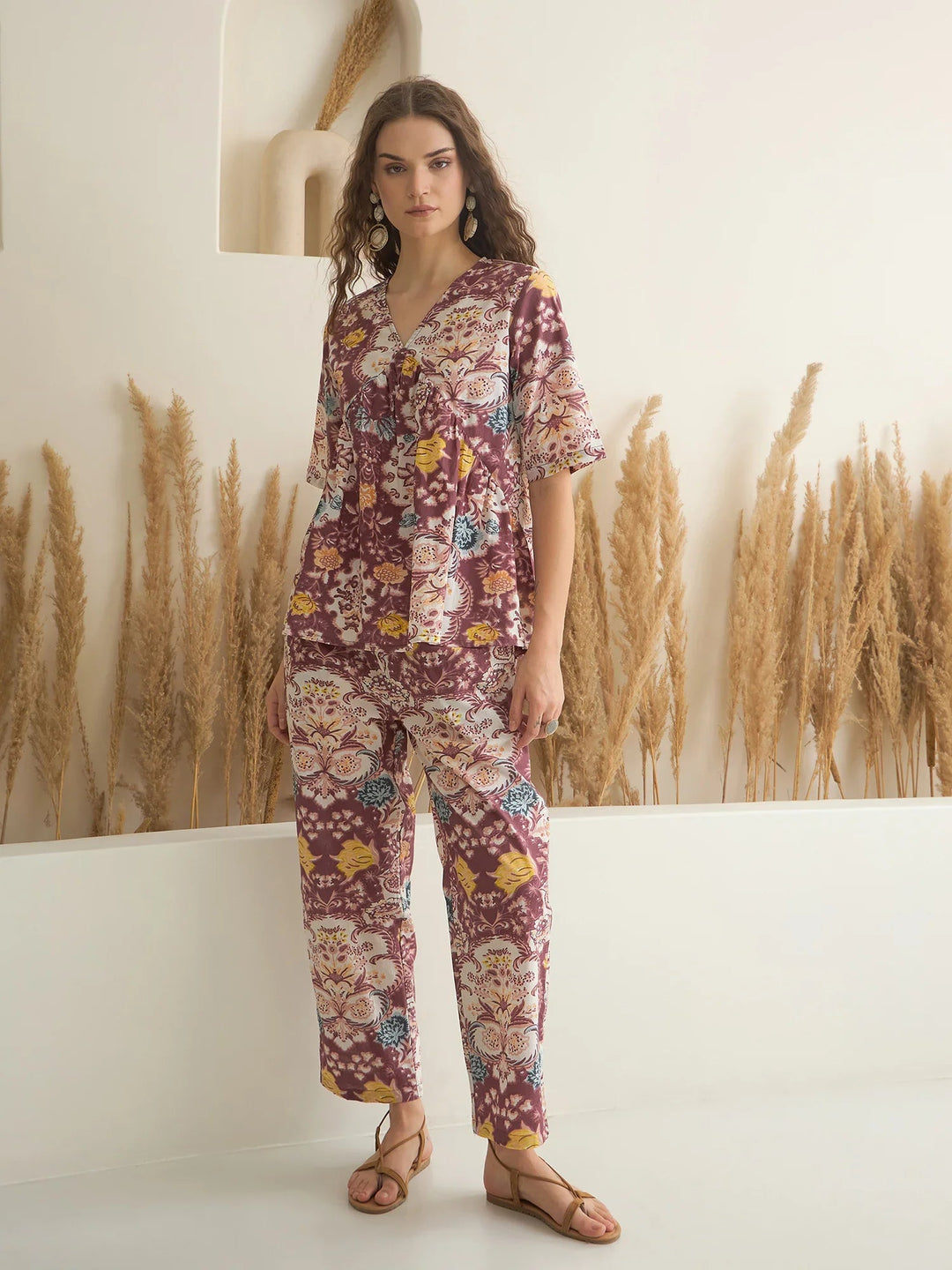 Rust Color V-Neck Pure Cotton Printed Co-ords Set for Women - SanskrutiHomes 