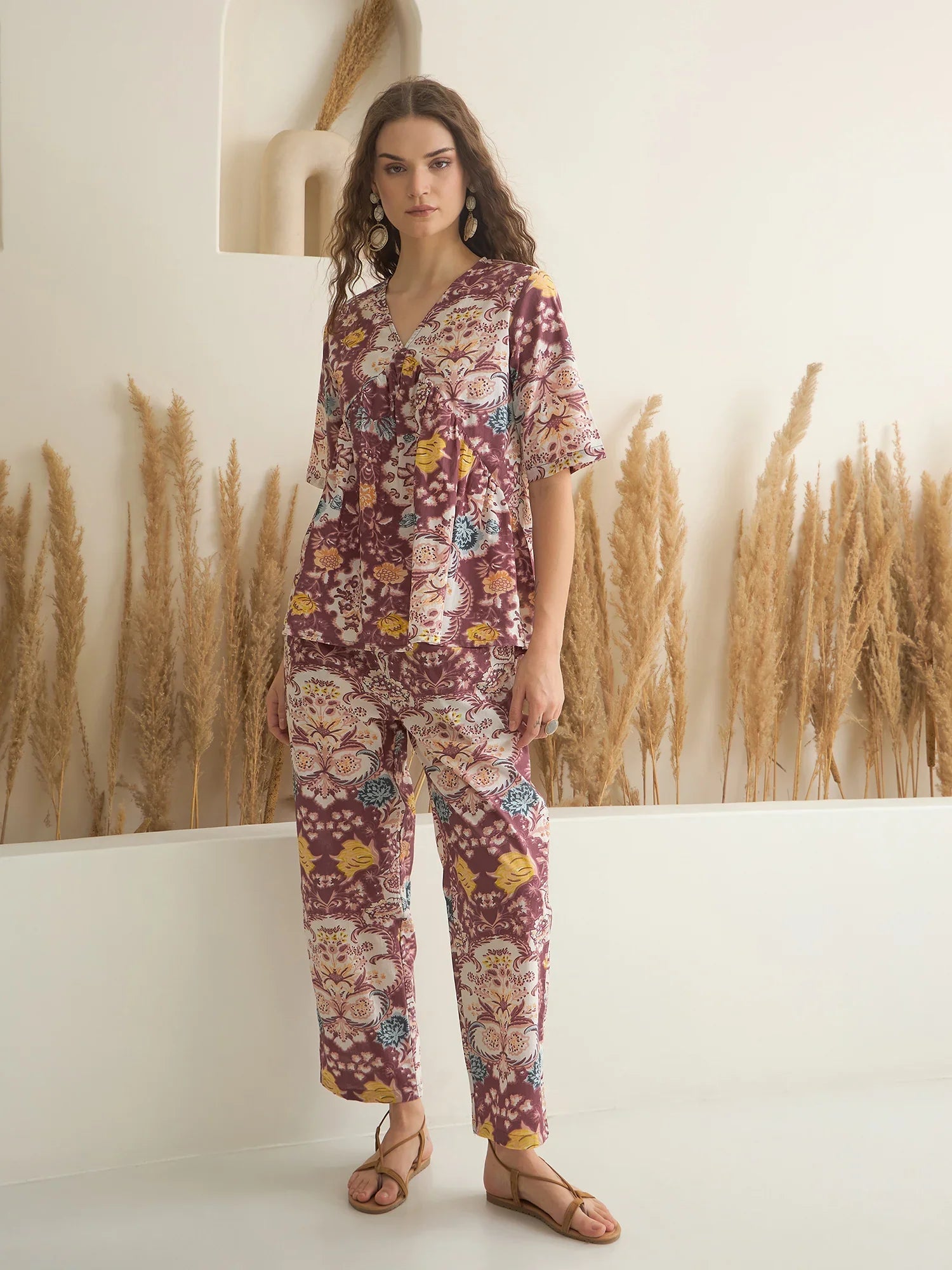 Rust Color V-Neck Pure Cotton Printed Co-ords Set for Women - SanskrutiHomes 