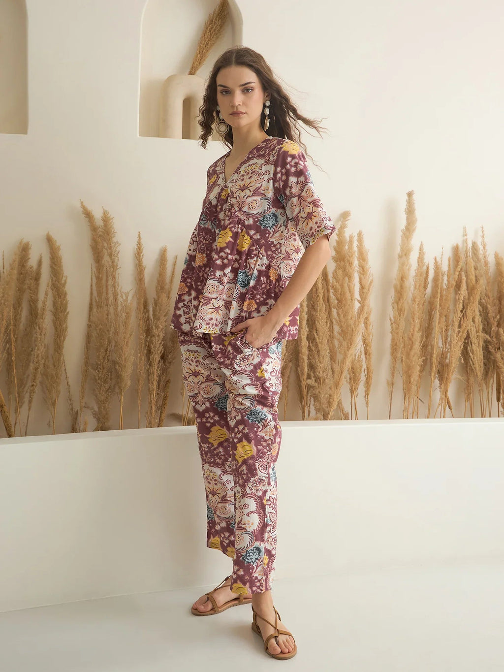 Rust Color V-Neck Pure Cotton Printed Co-ords Set for Women - SanskrutiHomes 