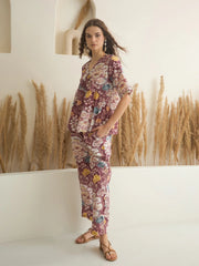 Rust Color V-Neck Pure Cotton Printed Co-ords Set for Women - SanskrutiHomes 