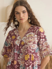 Rust Color V-Neck Pure Cotton Printed Co-ords Set for Women - SanskrutiHomes 
