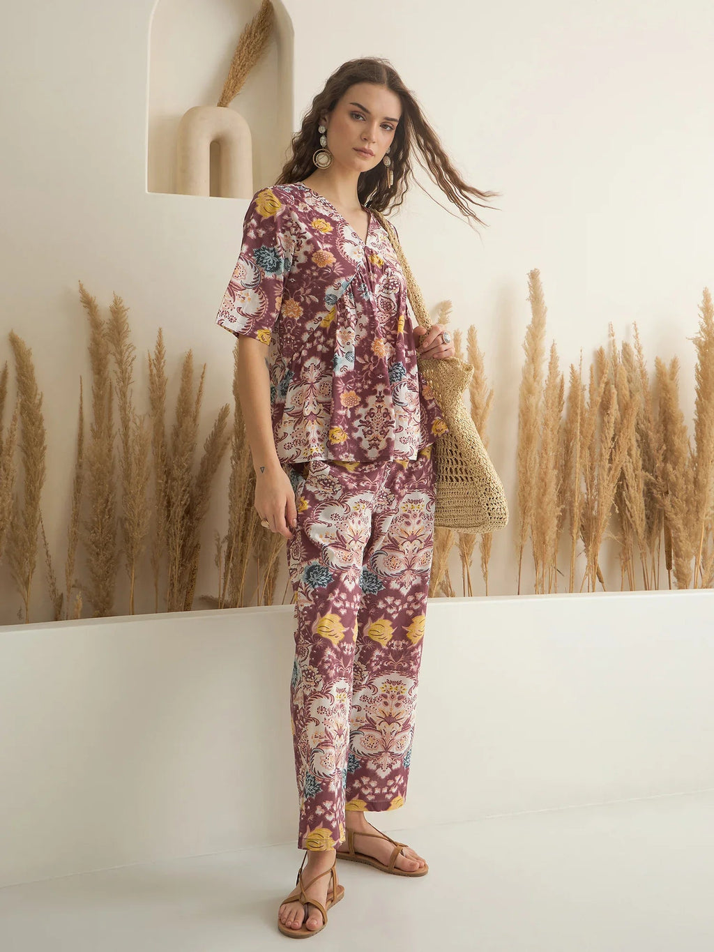 Rust Color V-Neck Pure Cotton Printed Co-ords Set for Women - SanskrutiHomes 