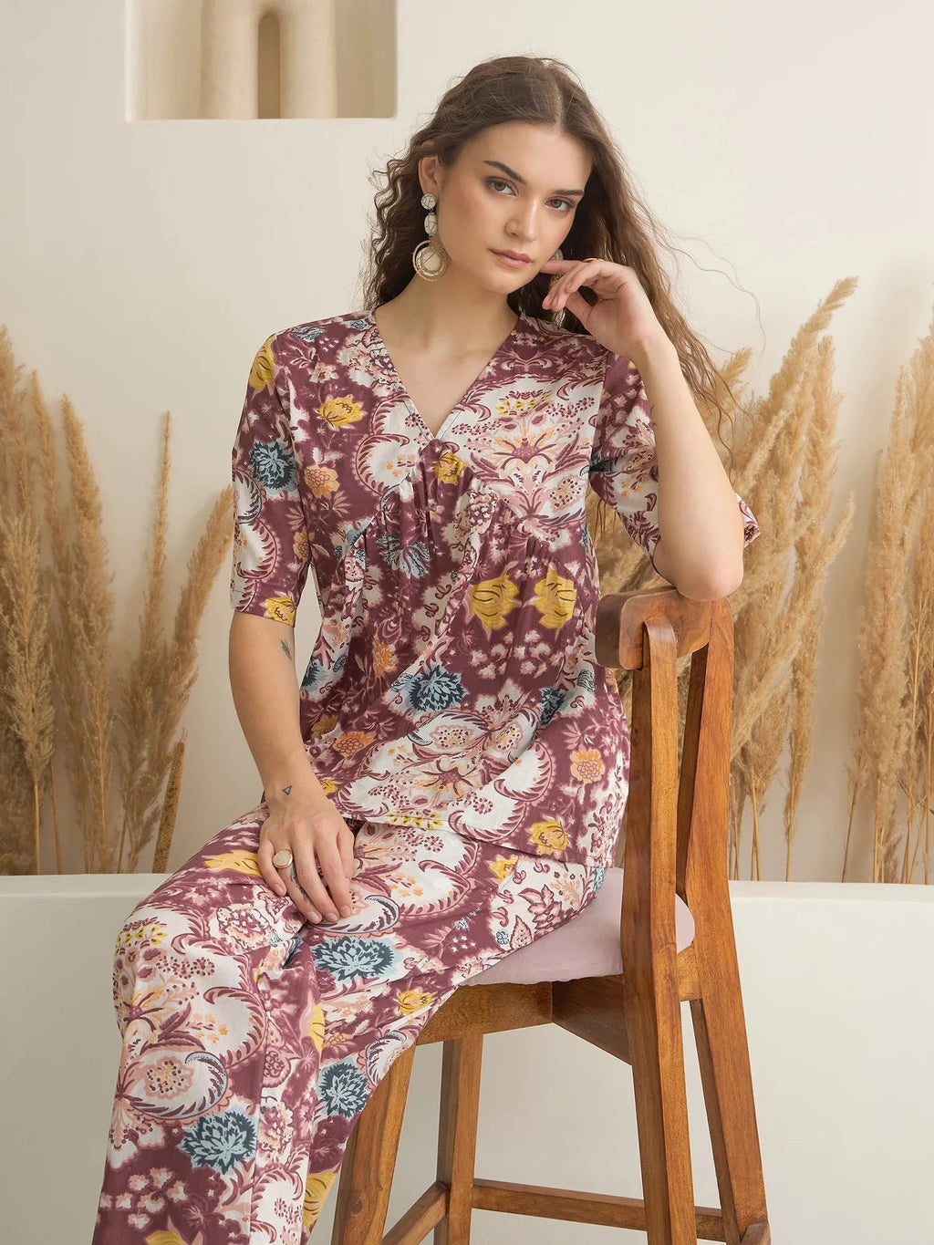 Rust Color V-Neck Pure Cotton Printed Co-ords Set for Women - SanskrutiHomes 