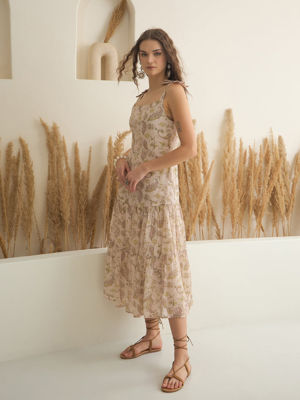 Peach Color Cotton A-Line Printed Dress for Women - SanskrutiHomes 