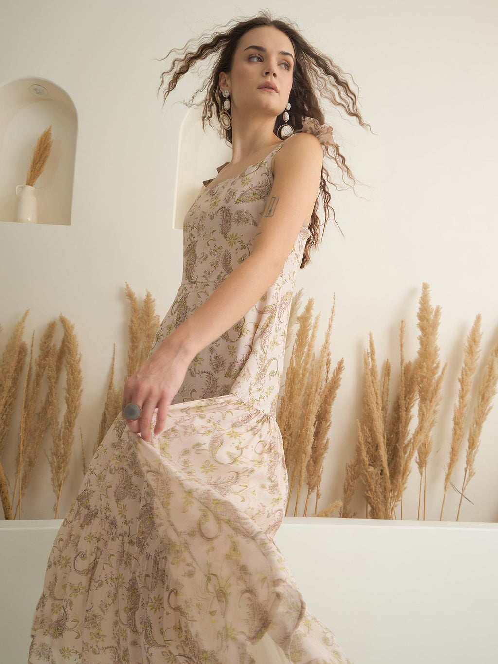 Peach Color Cotton A-Line Printed Dress for Women - SanskrutiHomes 