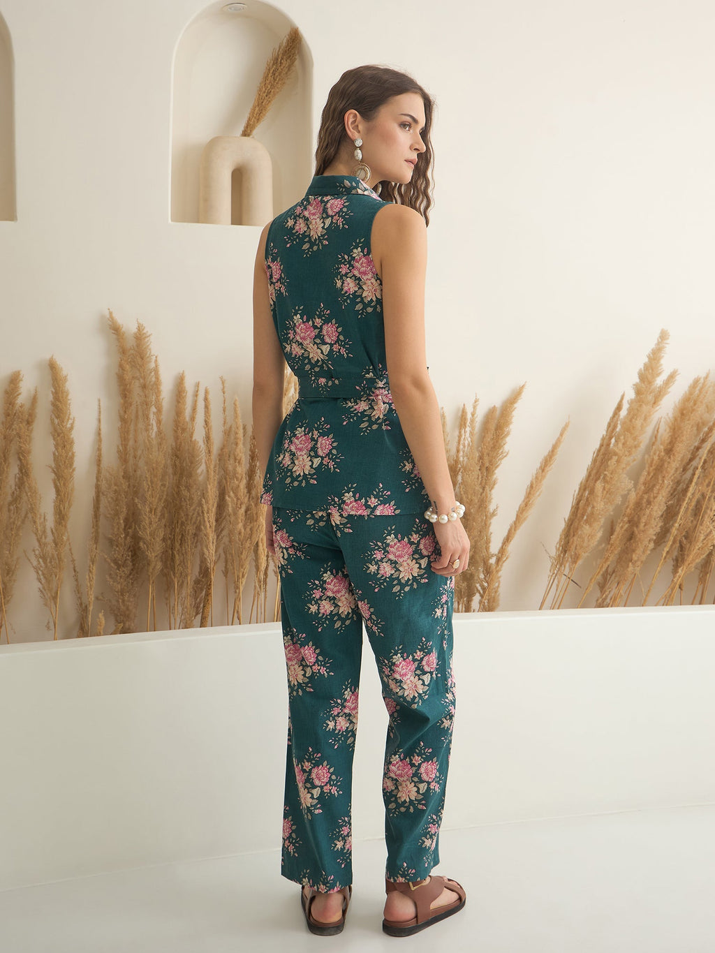 Sea Green Shirt Collar Pure Cotton Top Printed Co-ords Set for Women - SanskrutiHomes 