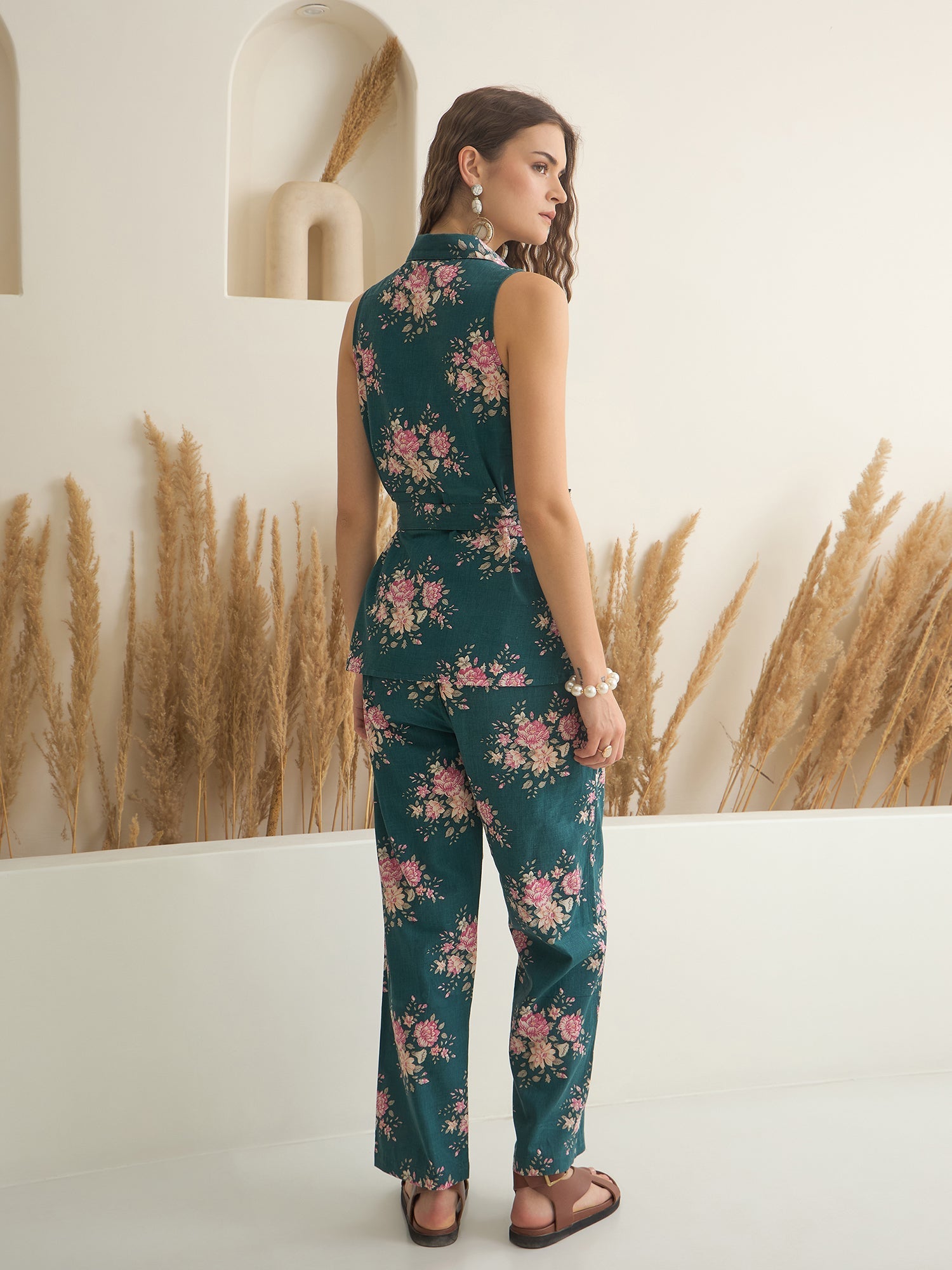 Sea Green Shirt Collar Pure Cotton Top Printed Co-ords Set for Women - SanskrutiHomes 