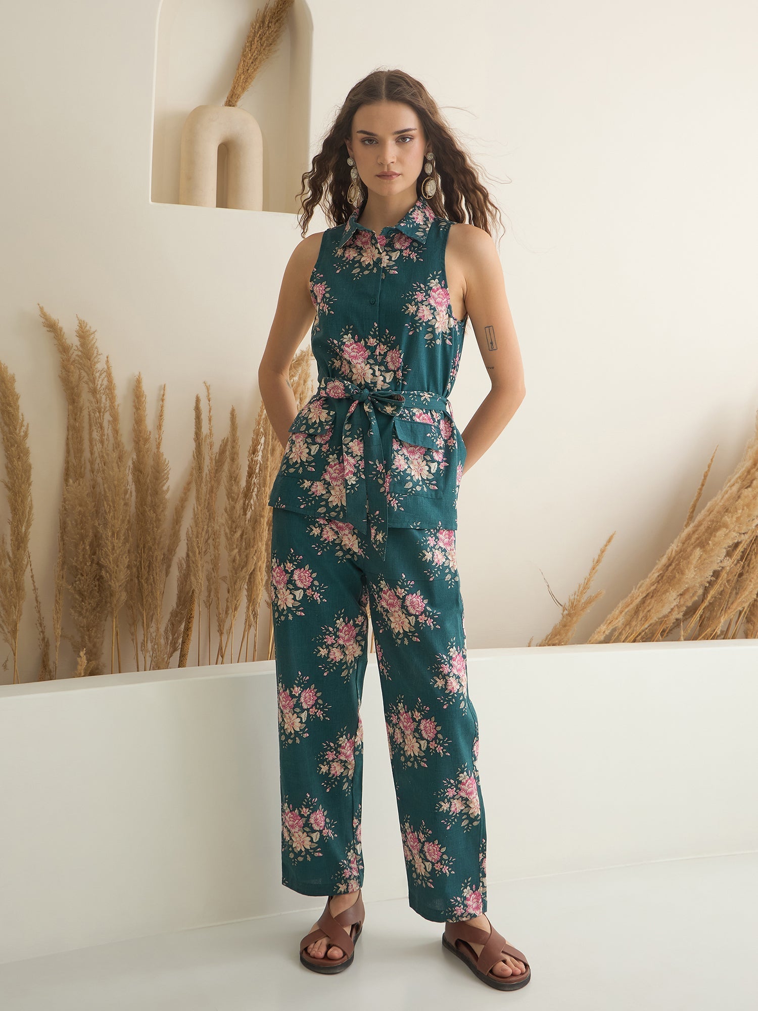 Sea Green Shirt Collar Pure Cotton Top Printed Co-ords Set for Women - SanskrutiHomes 