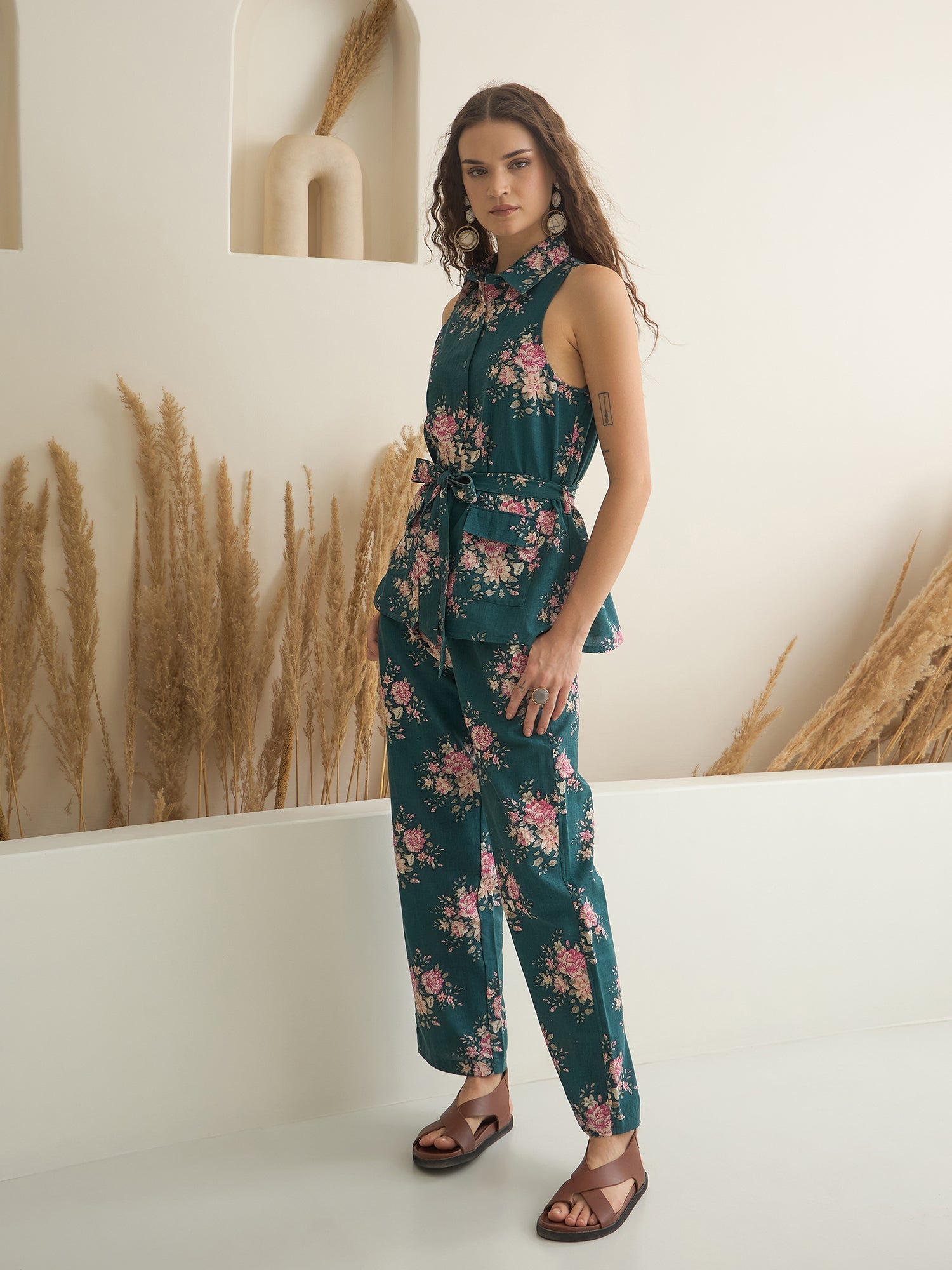 Sea Green Shirt Collar Pure Cotton Top Printed Co-ords Set for Women - SanskrutiHomes 