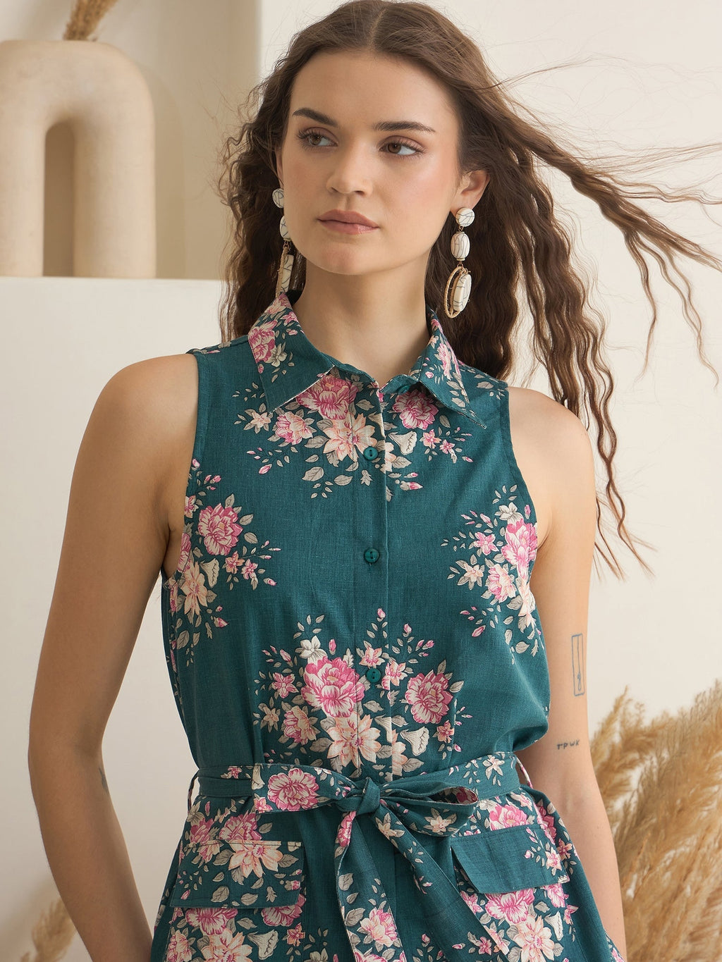 Sea Green Shirt Collar Pure Cotton Top Printed Co-ords Set for Women - SanskrutiHomes 