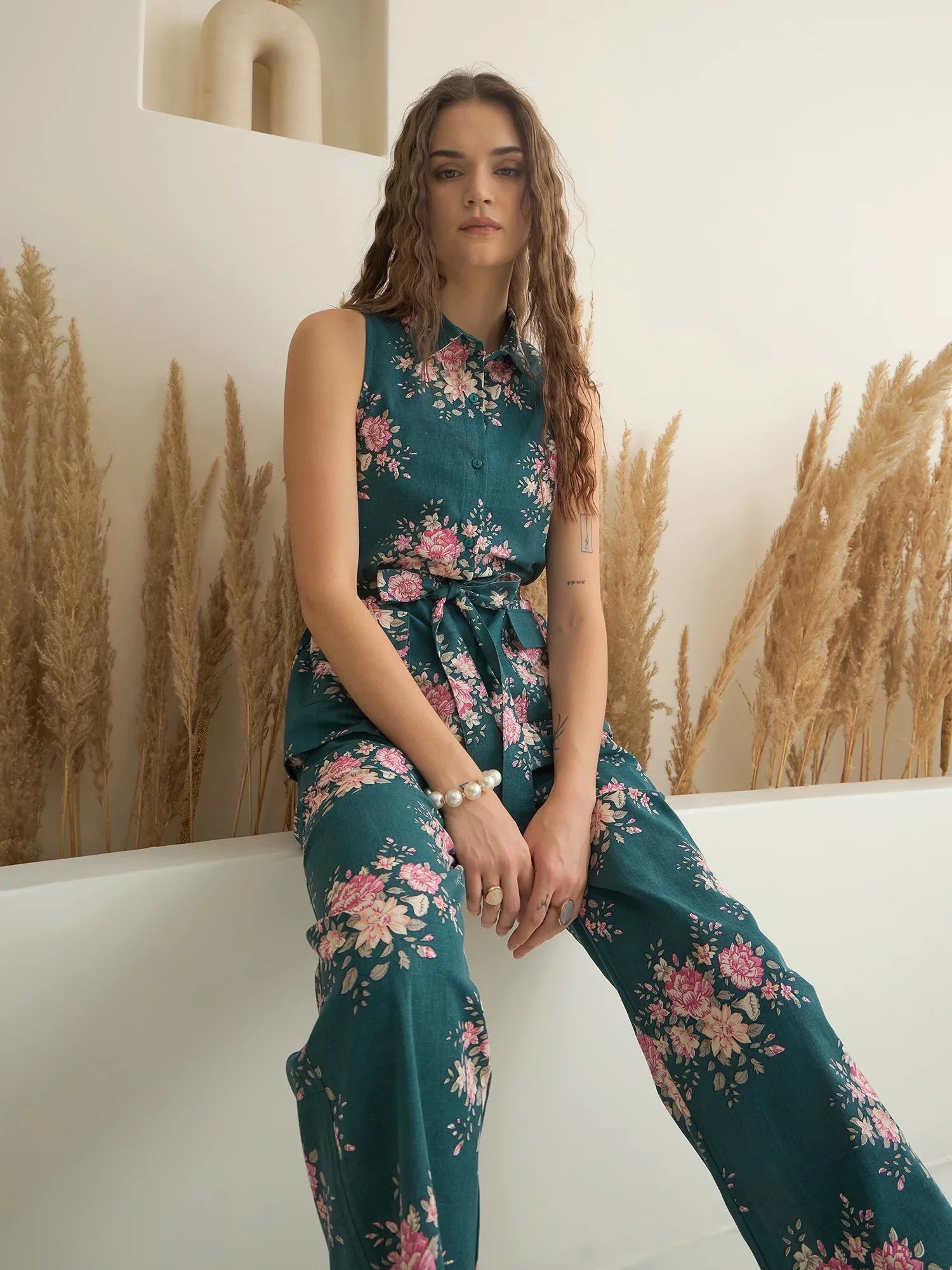 Sea Green Shirt Collar Pure Cotton Top Printed Co-ords Set for Women - SanskrutiHomes 