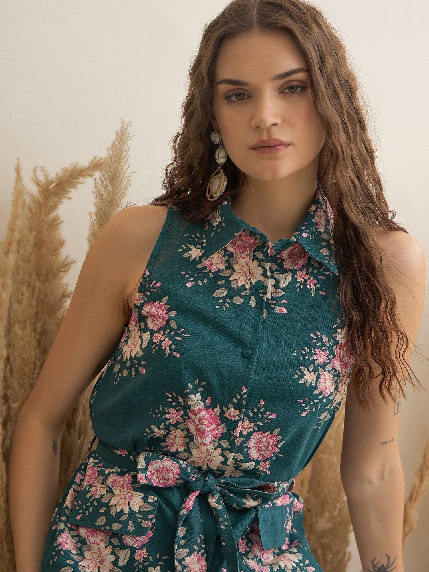 Sea Green Shirt Collar Pure Cotton Top Printed Co-ords Set for Women - SanskrutiHomes 