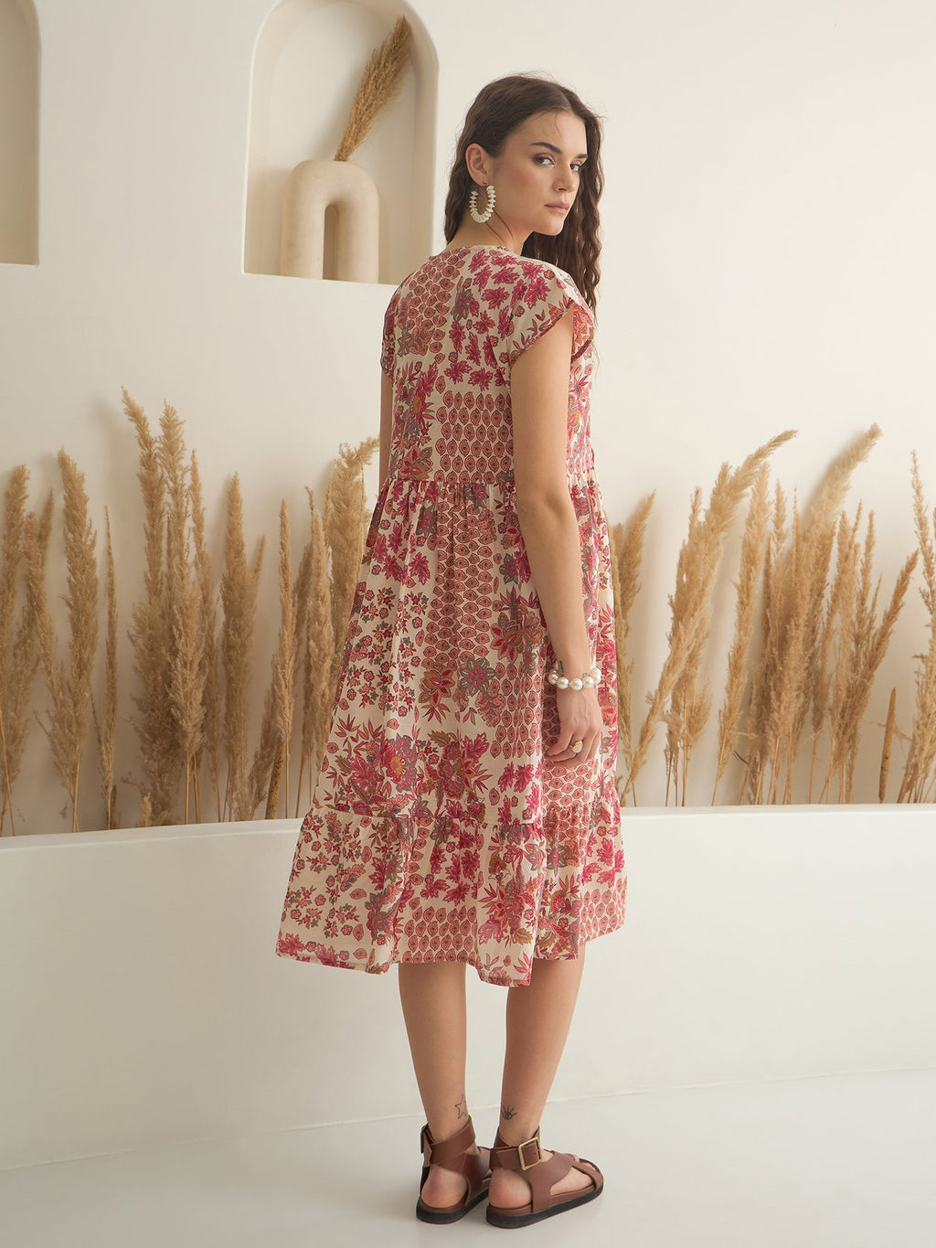 Off White Color Cotton A-Line Printed Dress for Women - SanskrutiHomes 