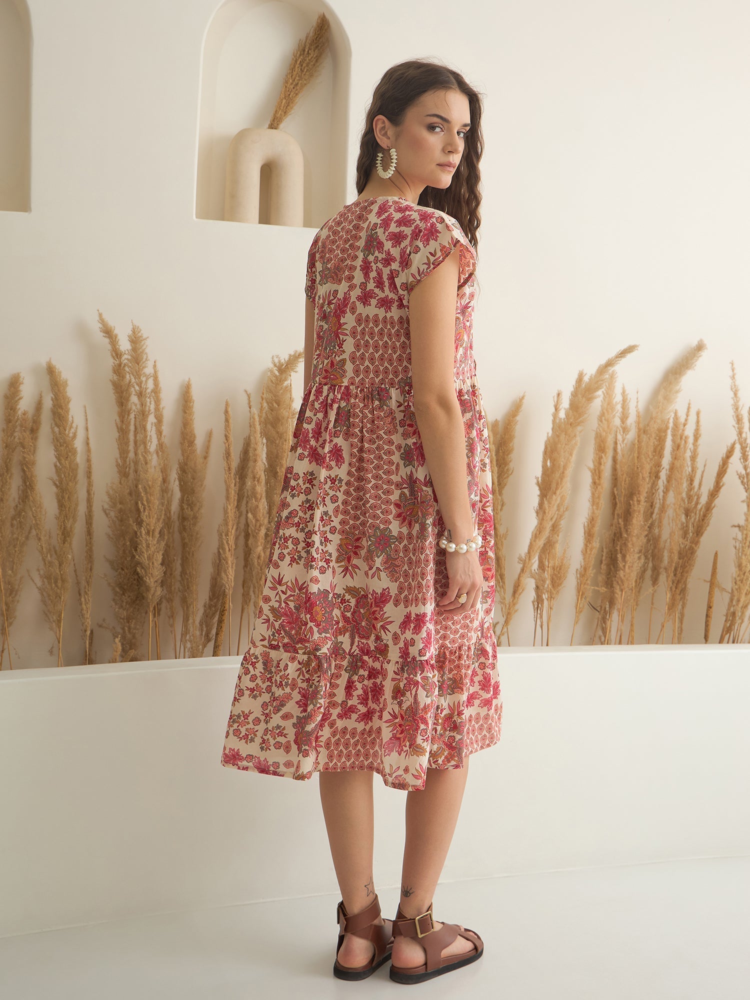 Off White Color Cotton A-Line Printed Dress for Women - SanskrutiHomes 