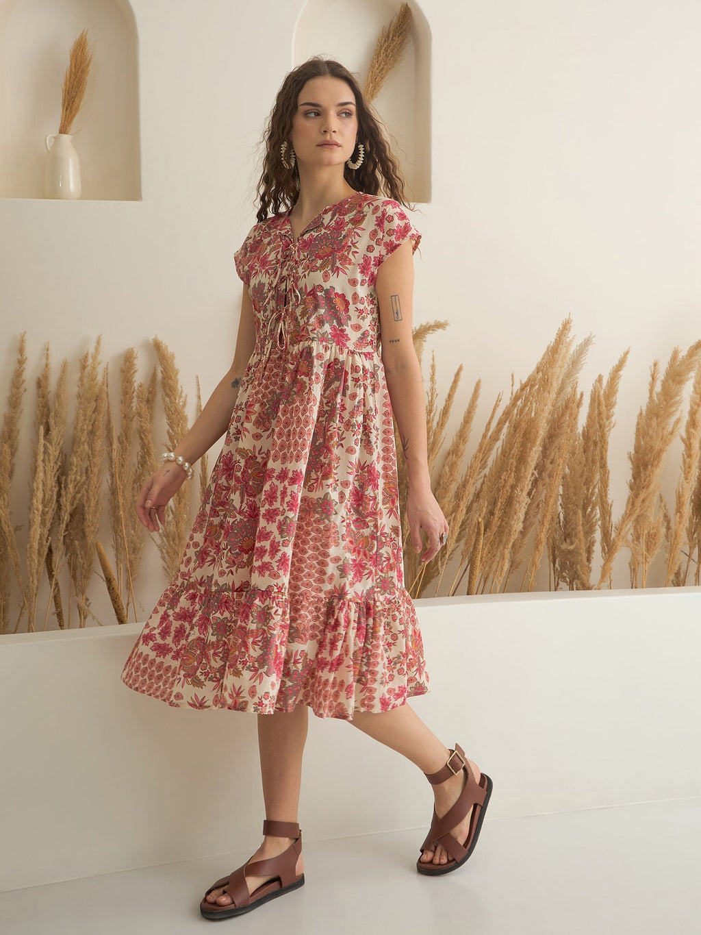 Off White Color Cotton A-Line Printed Dress for Women - SanskrutiHomes 