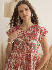 Off White Color Cotton A-Line Printed Dress for Women - SanskrutiHomes 