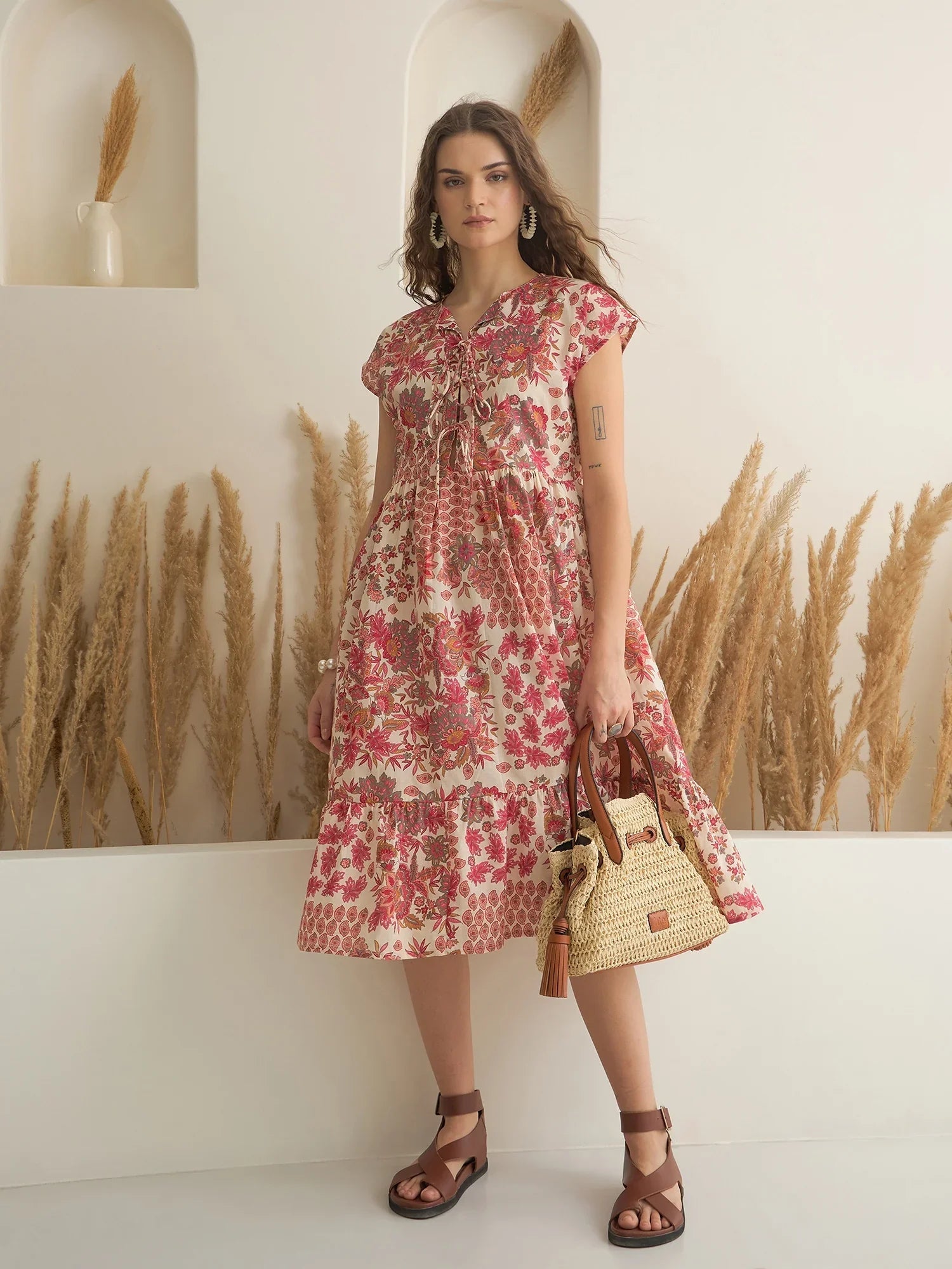 Off White Color Cotton A-Line Printed Dress for Women - SanskrutiHomes 