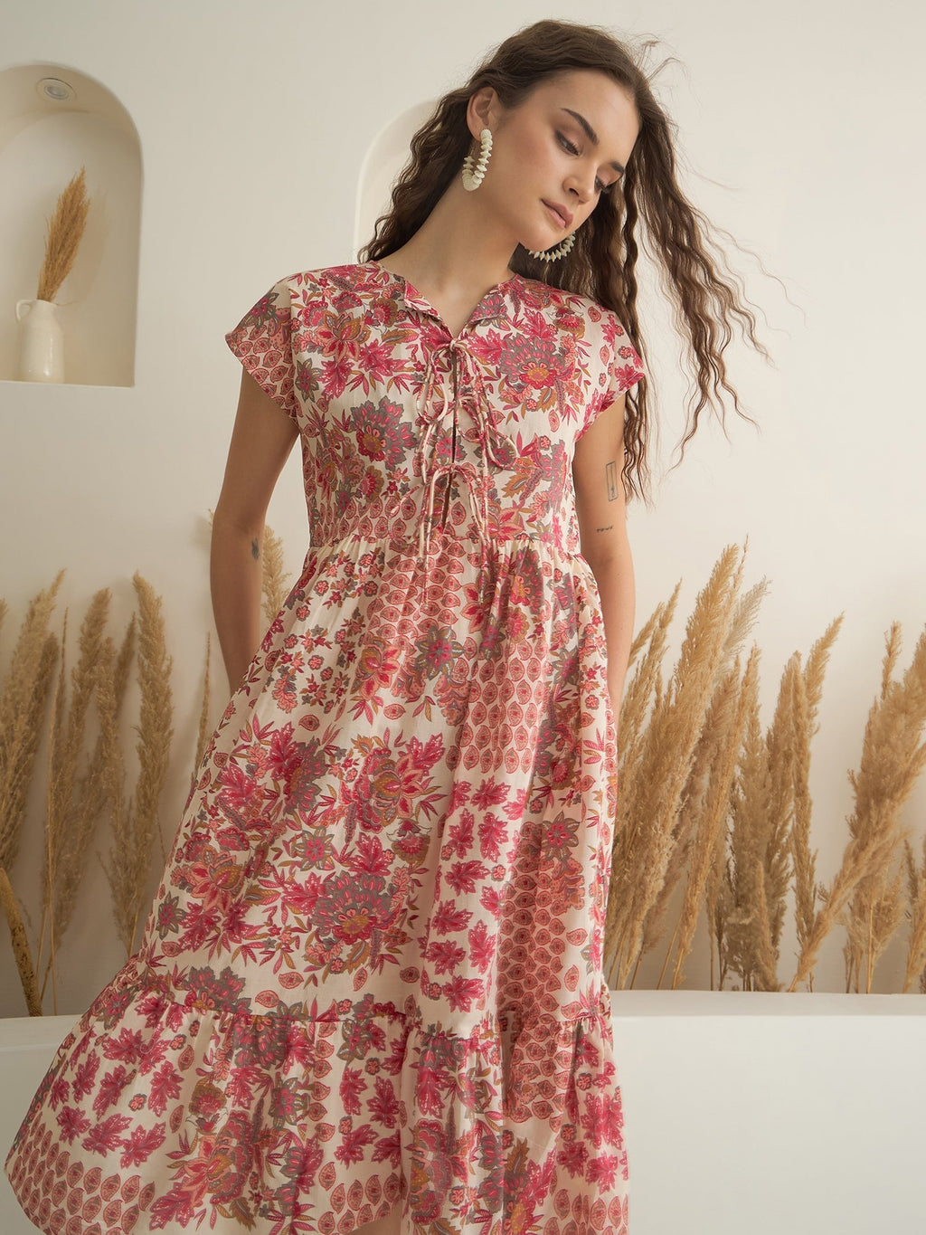 Off White Color Cotton A-Line Printed Dress for Women - SanskrutiHomes 