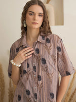 Brown Shirt Collar Pure Cotton Printed Night Suit for Women - SanskrutiHomes 