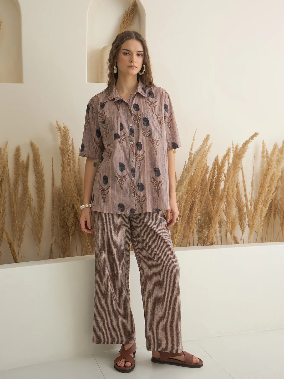 Brown Shirt Collar Pure Cotton Printed Night Suit for Women - SanskrutiHomes 